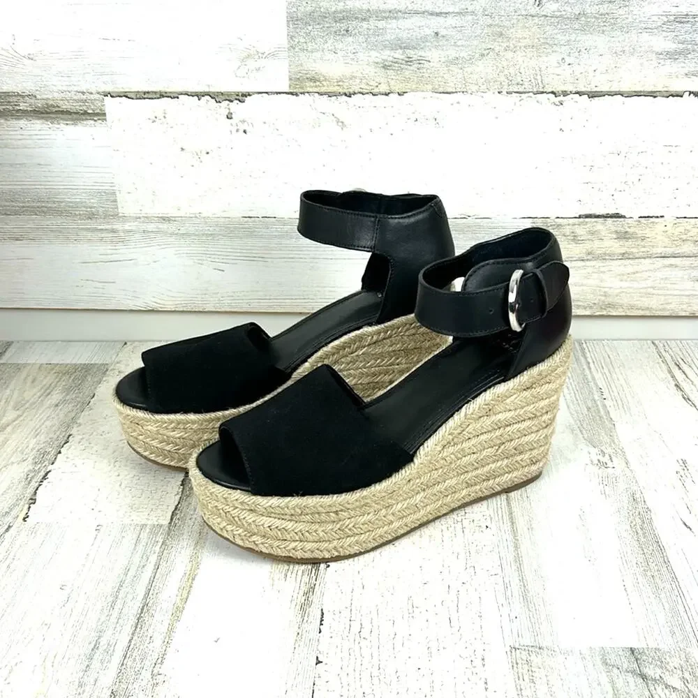 Marc Fisher Womens 9 Black Leather Buckle Platform Espadrille Sandals NEW